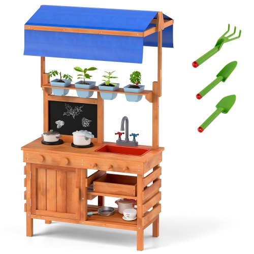 Gymax Mud Kitchen Wooden Pretend Play Kitchen w/ Height Adjustable Canopy
