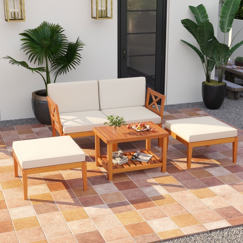 Gymax 5 PCS Acacia Wood Patio Chaise Lounge Chair Set w/ 2-Tier Coffee Table Cushions