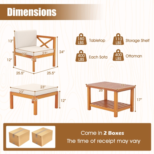 Gymax 5 PCS Acacia Wood Patio Chaise Lounge Chair Set w/ 2-Tier Coffee Table Cushions