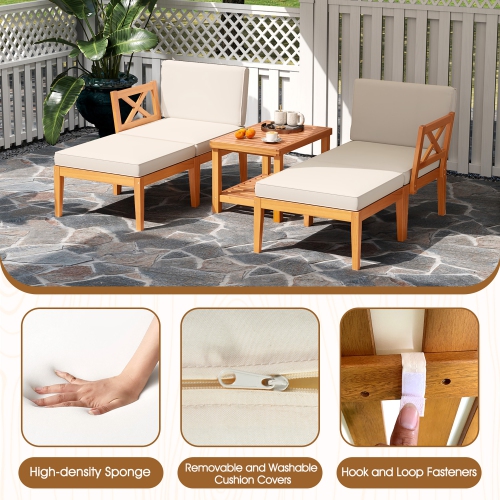 Gymax 5 PCS Acacia Wood Patio Chaise Lounge Chair Set w/ 2-Tier Coffee Table Cushions