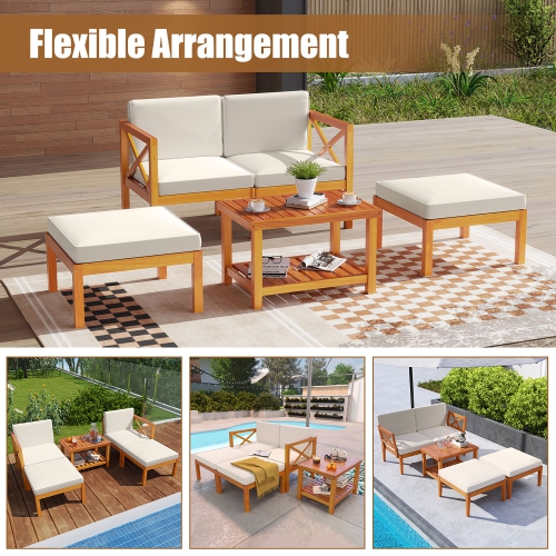 Gymax 5 PCS Acacia Wood Patio Chaise Lounge Chair Set w/ 2-Tier Coffee Table Cushions