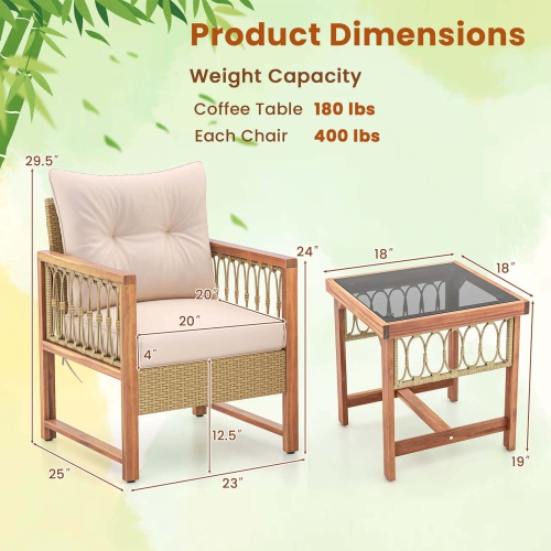 Gymax 3 PCS Furniture Set Patio PE Wicker Conversation Bistro Set Light Brown & Beige