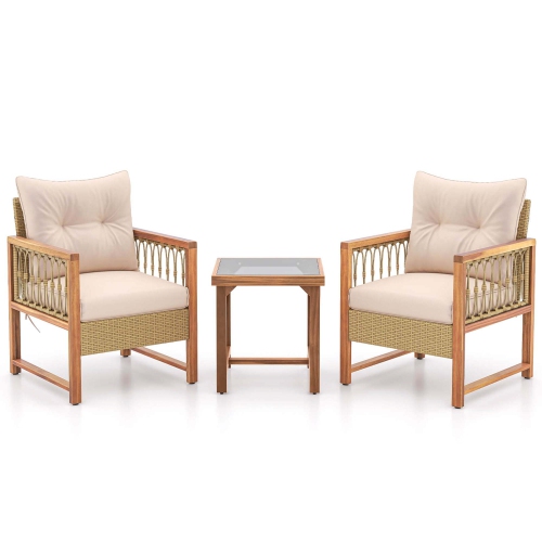 Gymax 3 PCS Furniture Set Patio PE Wicker Conversation Bistro Set Light Brown & Beige