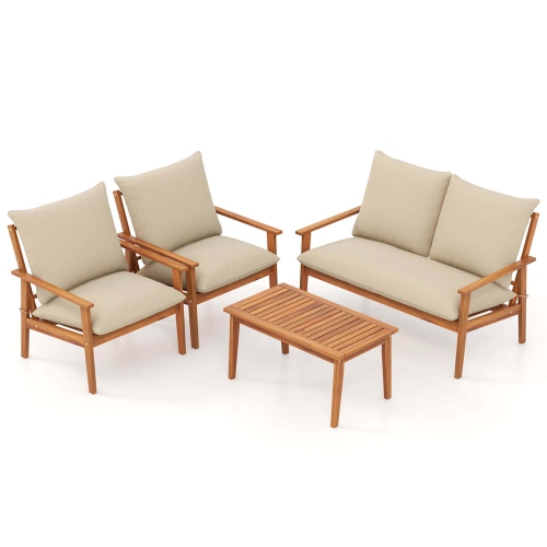 Gymax Set of 4 Patio Acacia Wood Furniture Set w/ Soft Cushions & Coffee Table