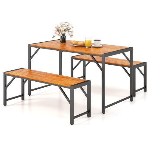 GYMAX  3 PCs Patio Dining Set for 6 People 53" Acacia Wood Picnic Table & 2 Benches