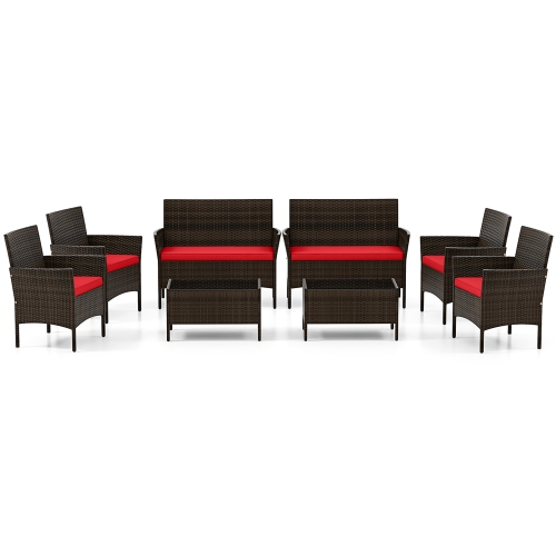 Gymax 8 PCS Patio Furniture Set w/Washable Cushions & Tempered Glass Coffee Table