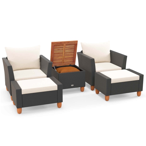 GYMAX  Set Of 5 Furniture Set W/ Storage Table Ottomans Soft Pillows Patio
