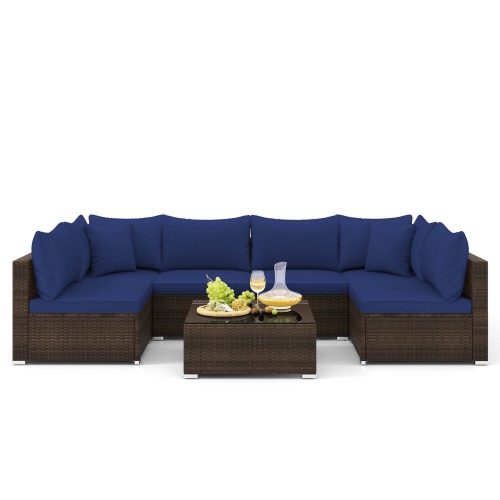 GYMAX  Set Of 7 Rattan Furniture Set Sectional Sofa Cushioned Garden Patio In Navy