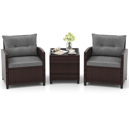 GYMAX  Set Of 3 Rattan Furniture Set Patio Cushioned Conversation Set Sofa