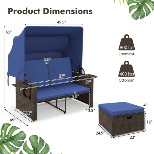 Gymax Rattan Daybed w/ Adjustable Backrests & Retractable Canopy for Patio