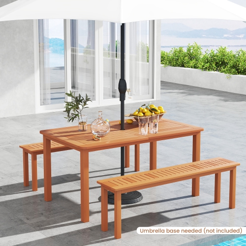 Gymax Patio Solid Wood Dining Table w/ Umbrella Hole Teak Oil Finish Rectangular