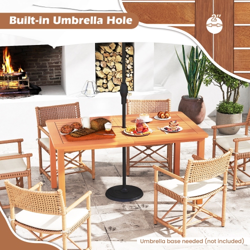 Gymax Patio Solid Wood Dining Table w/ Umbrella Hole Teak Oil Finish Rectangular