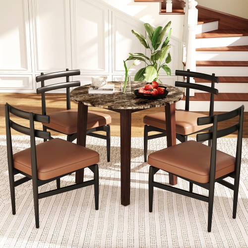 Gymax 35'' Kitchen Table Round Dining Table w/ Marble-textured Veneer Tabletop