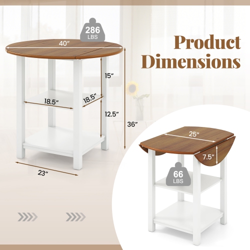 Gymax Folding Round Dining Table Drop Leaf Table w/ 2 Shelves for Small Spaces