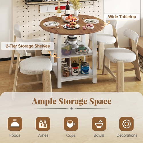 Gymax Folding Round Dining Table Drop Leaf Table w/ 2 Shelves for Small Spaces