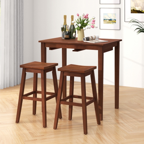 Gymax 3 PCS Bar Table Set w/ 1 Table 2 Bar Stools Wood Veneered Tabletop Dining Room