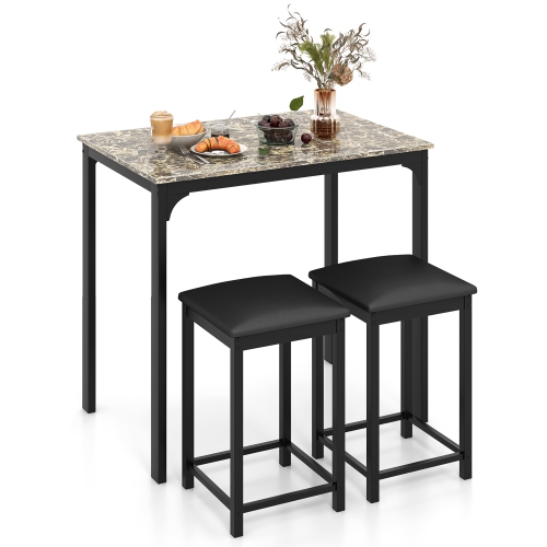 Gymax 3 PCS Counter Height Dining Set Faux Marble Table and 2 Chairs Kitchen Bar New
