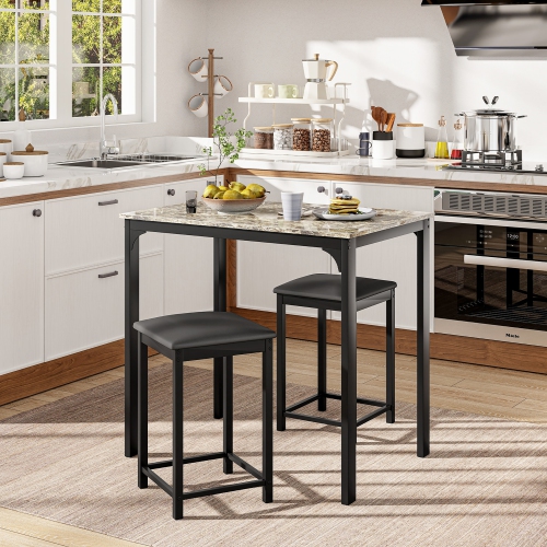 Gymax 3 PCS Counter Height Dining Set Faux Marble Table and 2 Chairs Kitchen Bar New