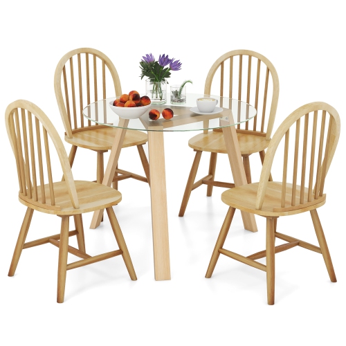 GYMAX  5 PCs Dining Set for 4 Round Table W/ 4 Chairs Solid Rubber Wood Frame Modern