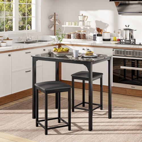 Gymax 3 PCS Counter Height Dining Set Faux Marble Table and 2 Chairs Kitchen Bar New