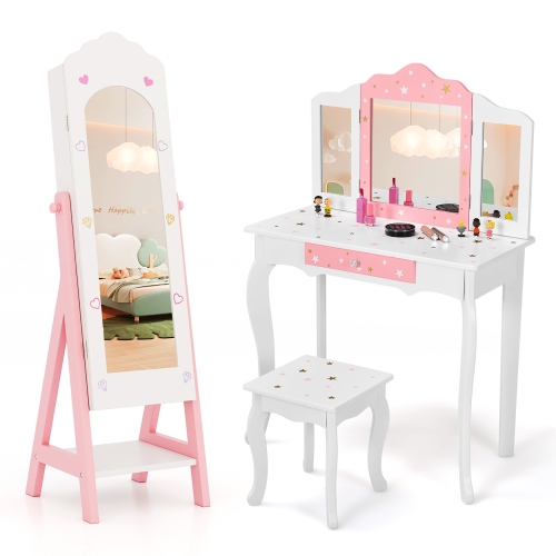 Gymax Kids Vanity Set Princess Makeup Dressing Table & Chair Set w/ Jewelry Armoire White