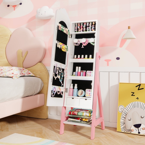 Gymax Kids Vanity Set Princess Makeup Dressing Table & Chair Set w/ Jewelry Armoire White