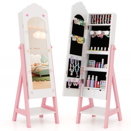 Gymax Kids Vanity Set Princess Makeup Dressing Table & Chair Set w/ Jewelry Armoire White