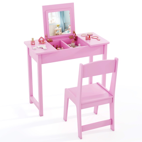 Gymax Kids Vanity Table & Chair Set 2-in-1 Princess Makeup Dressing Desk Set
