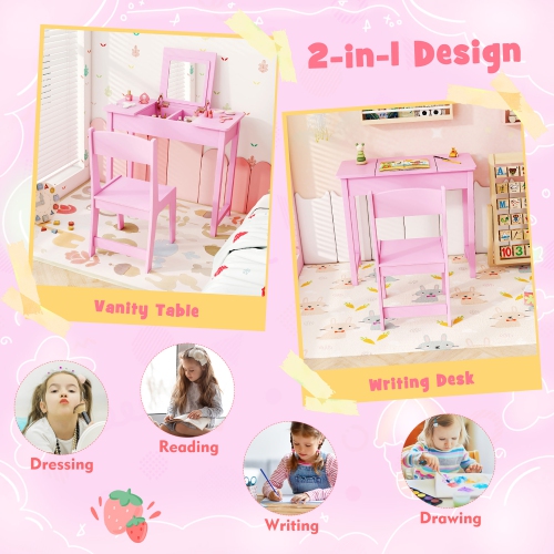 Gymax Kids Vanity Table & Chair Set 2-in-1 Princess Makeup Dressing Desk Set