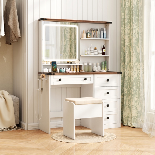 Gymax Farmhouse Vanity Set w/ Mirror and Lights Dressing Table & Chair Set