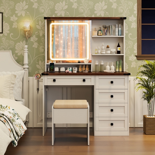 Gymax Farmhouse Vanity Set w/ Mirror and Lights Dressing Table & Chair Set