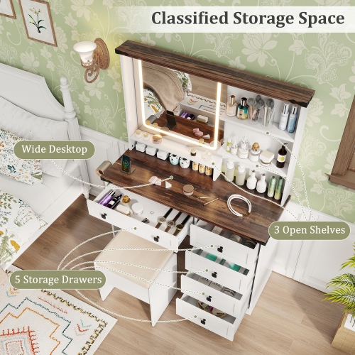 Gymax Farmhouse Vanity Set w/ Mirror and Lights Dressing Table & Chair Set