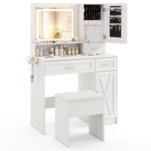 GYMAX  Farmhouse Vanity Set W/mirror & Lights 3 Lighting Modes & Adjustable Brightness