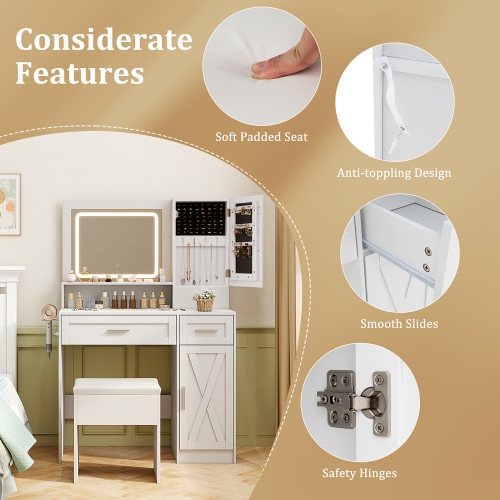 Gymax Farmhouse Vanity Set w/Mirror & Lights 3 Lighting Modes & Adjustable Brightness