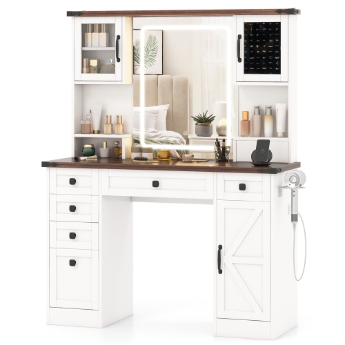 Gymax Farmhouse Vanity Desk w/ Lighted Mirror Makeup Vanity Table w/ 3 Doors