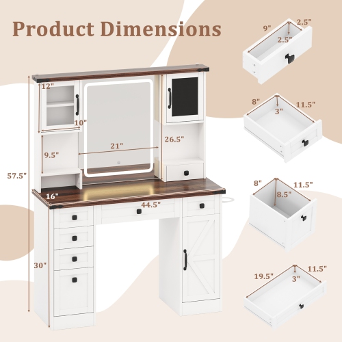 Gymax Farmhouse Vanity Desk w/ Lighted Mirror Makeup Vanity Table w/ 3 Doors