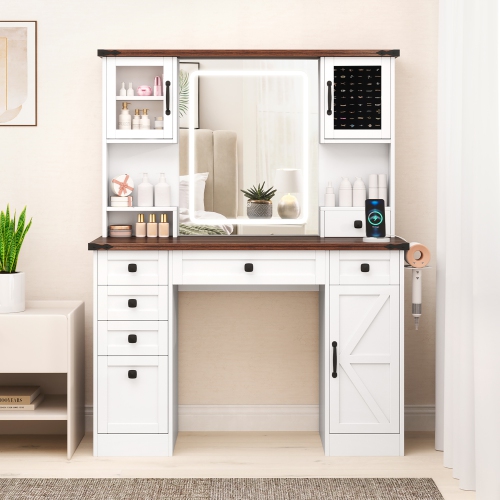 Gymax Farmhouse Vanity Desk w/ Lighted Mirror Makeup Vanity Table w/ 3 Doors