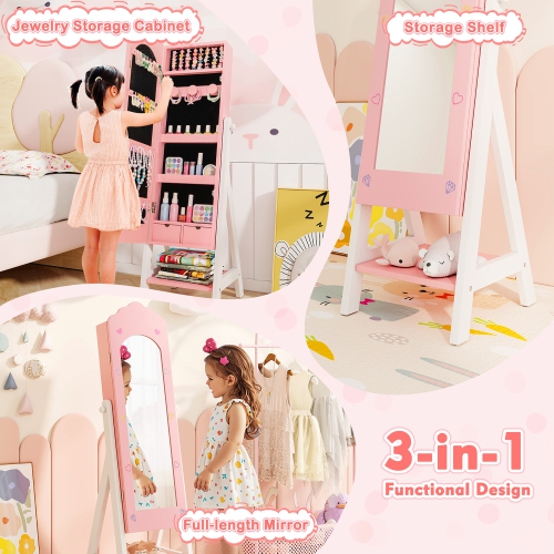 Gymax Kids Vanity Set Princess Makeup Dressing Table & Chair Set w/ Jewelry Armoire Pink