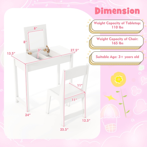 Gymax Kids Vanity Table & Chair Set 2-in-1 Princess Makeup Dressing Desk Set