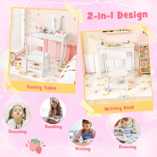 Gymax Kids Vanity Table & Chair Set 2-in-1 Princess Makeup Dressing Desk Set