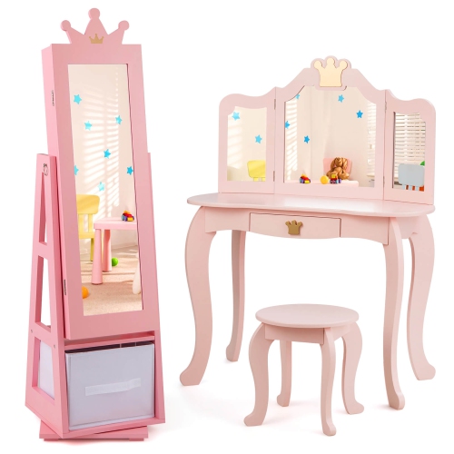 Gymax Kids Vanity Set Princess Makeup Dressing Table & Chair Set w/ Jewelry Armoire Pink