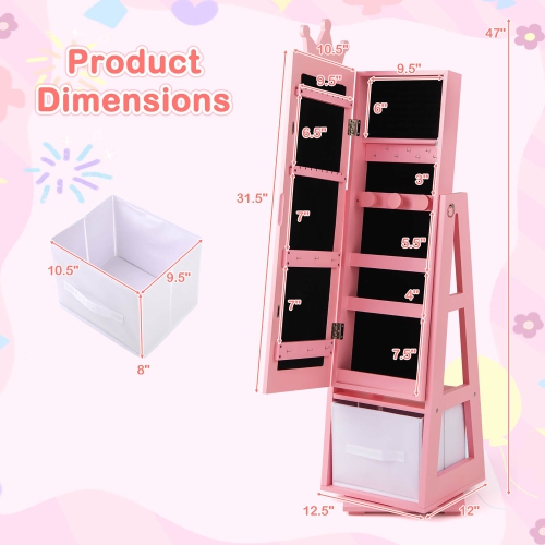 Gymax Kids Vanity Set Princess Makeup Dressing Table & Chair Set w/ Jewelry Armoire Pink