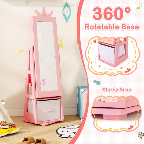 Gymax Kids Vanity Set Princess Makeup Dressing Table & Chair Set w/ Jewelry Armoire Pink