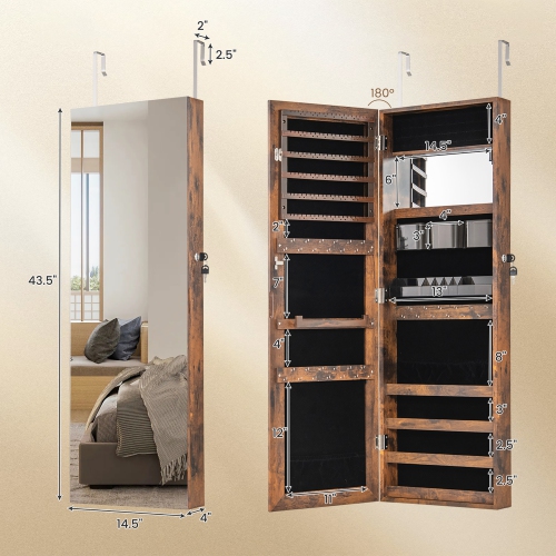 Gymax 43.5'' Jewelry Mirror Cabinet w/ Full-length Mirror & Interior Makeup Mirror