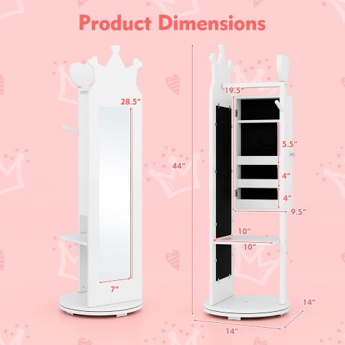 Gymax Kids Jewelry Cabinet Standing Children Jewelry Organizer w/ Full-Length Mirror