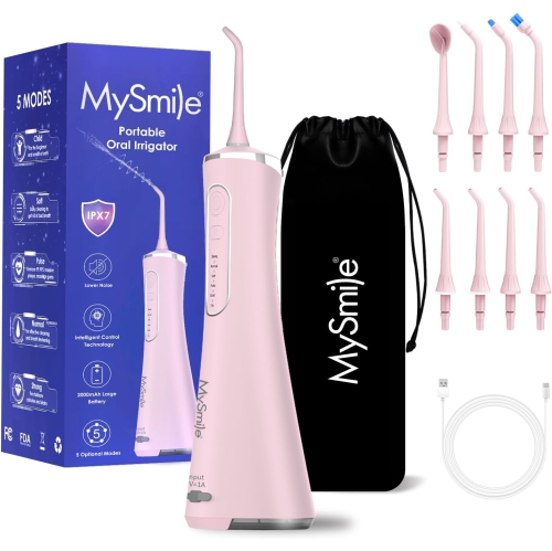 MYSMILE  Lp211 Cordless Advanced Water Flossers for Teeth, 5 Cleaning Modes Rechargeable Power Dental Flosser 8 Replacement Jet Tips Ipx 7 Waterproof