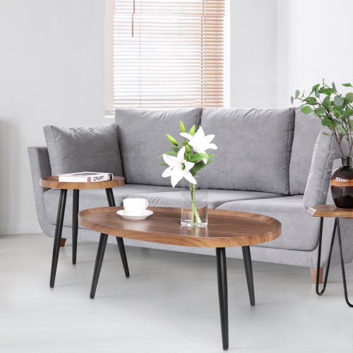 Oval Coffee Nesting Table: Set of 2 Coffee Accent Tables MDF Wooden Tabletop Sofa Side Table with Black Metal Triangle Legs Industrial Nests Center