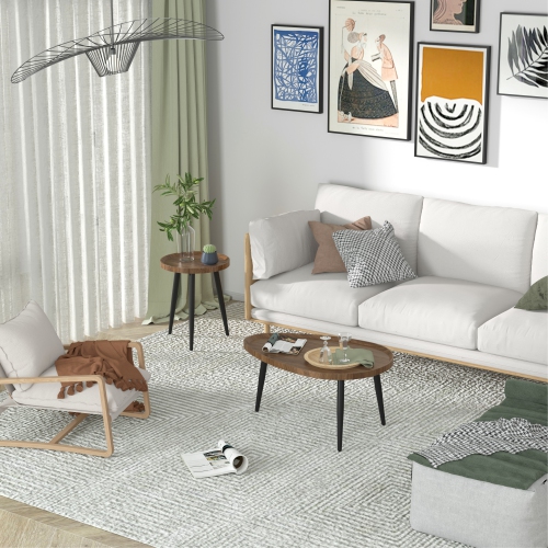 Oval Coffee Nesting Table: Set of 2 Coffee Accent Tables MDF Wooden Tabletop Sofa Side Table with Black Metal Triangle Legs Industrial Nests Center