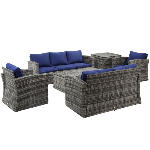 Ensemble de 6 meubles de patio Outsunny, ensemble canapé modulaire en osier de rotin, table de rangement extérieur et coussins, bleu marine
