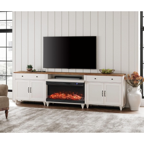WAMPAT  3-Sided Glass Fireplace Tv Stand for 100/90/85 Inch Tv, Entertainment Center \w 36" Electric Fireplace, Wood Tv Console Table \w Storages And